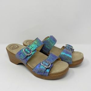 Dansko Sandals Sophie Blue Iridescent Double Strap Clog